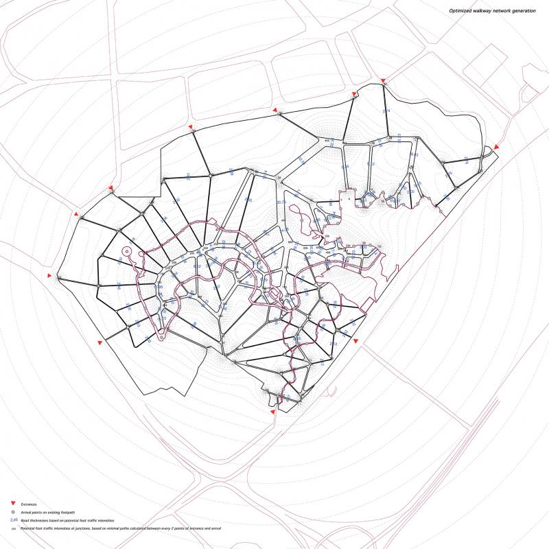 A network of roads connecting the 11 entrance points of the park and destinations on the existing footpath. The network aims to upgrade accessibility of the park, hence crating an urban park the city diffuses into. The accessibility aims to optimise trading conditions for the public level of the manufactory units; the artist residencies.